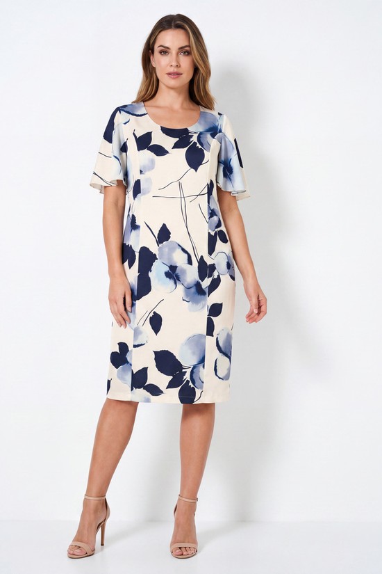 ΣΑΤΕΝ MIDI ΦΟΡΕΜΑ ΜΕ FLORAL PRINT ΣΕ ΜΠΛΕ-ΕΚΡΟΥ ΑΠΟΧΡΩΣΕΙΣ VIDAL MODES
