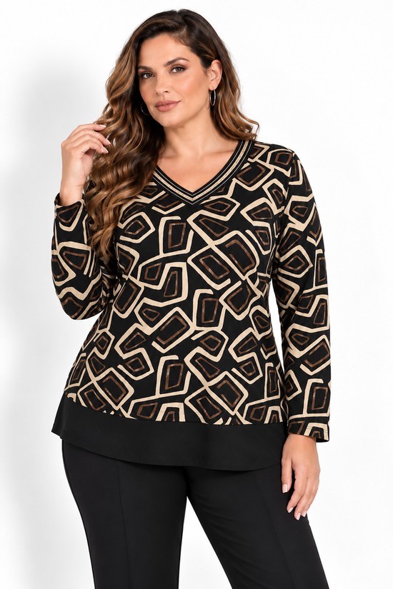 DINA ΠΛΕΚΤΗ ΜΠΛΟΥΖΑ PLUS SIZE ΕΜΠΡΙΜΕ ΜΕ V – ΜΑΥΡΟ/ΜΠΕΖ